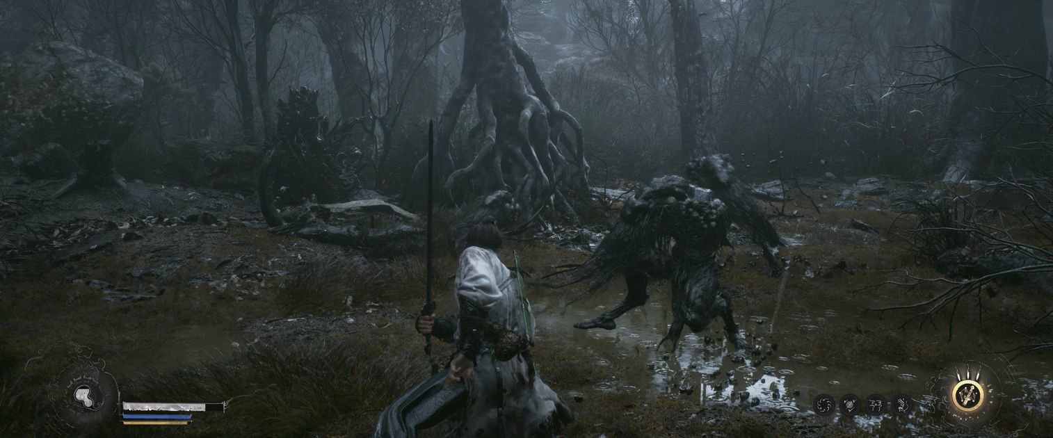 The swordsman faces a corrupted beast in a misty swamp