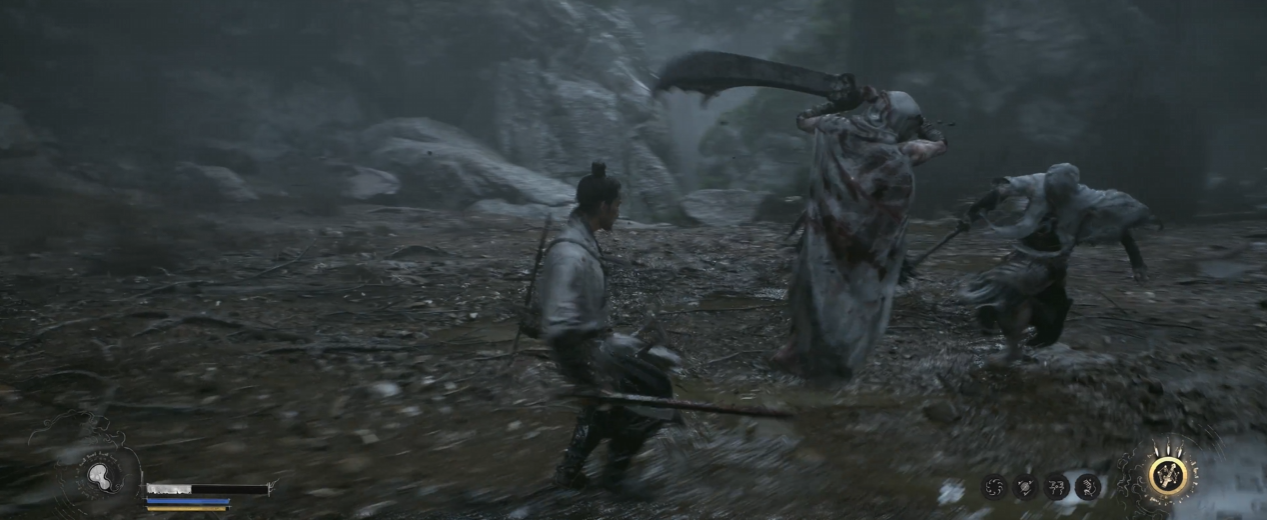 Gameplay screenshot showing the HUD — health and spirit gauges lower left, skill bar lower right
