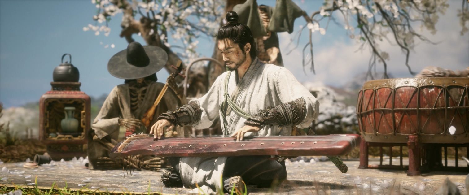 The protagonist plays the guqin beside skeletal musicians in a sunlit scene
