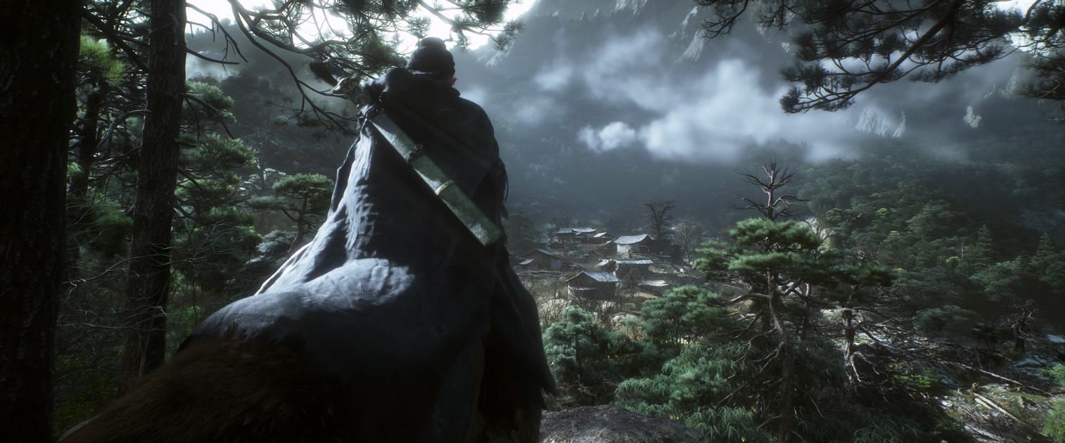 Zhong Kui rides his tiger through misty pines overlooking a mountain village